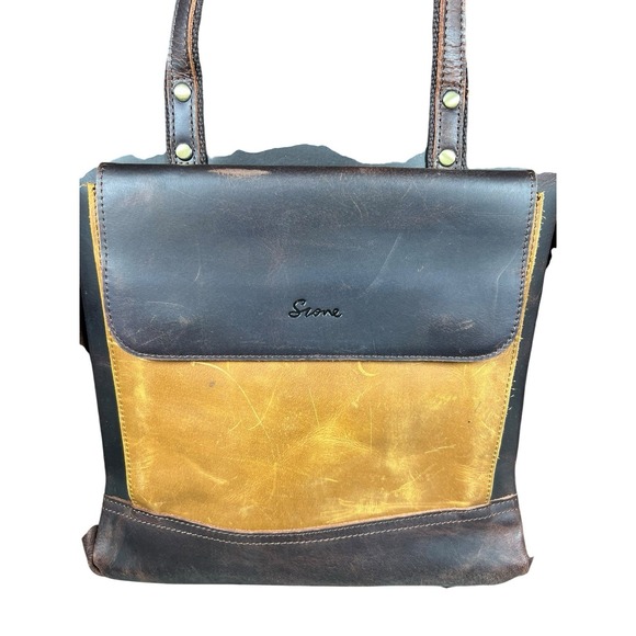 S-Zone Genuine Leather Backpack Tote Bag Brown Yellow Laptop Satchel Travel Work - Picture 4 of 16